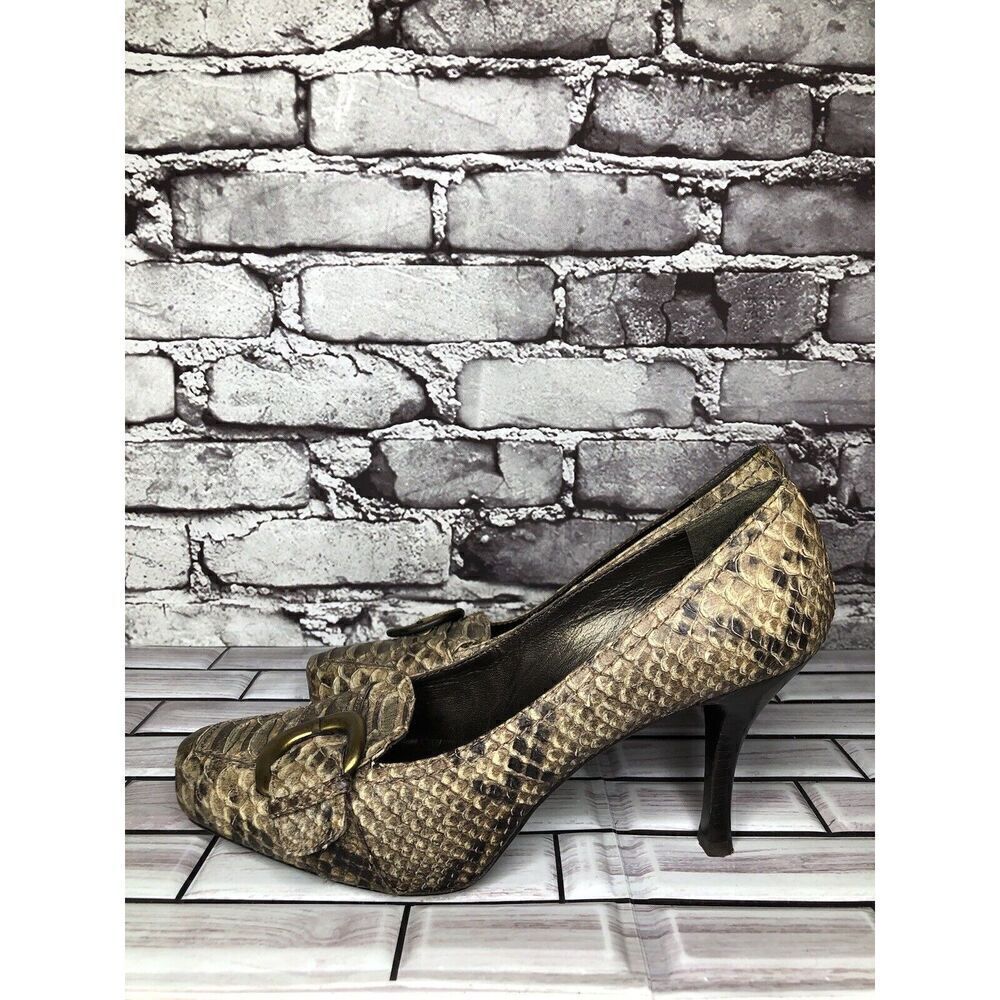 Stuart Weitzman Brown Taupe Leather Python Square… - image 1
